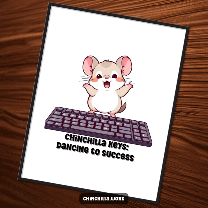 Funny free printable wall art: a kawaii office chinchilla performs a silly dance on top of a computer keyboard.