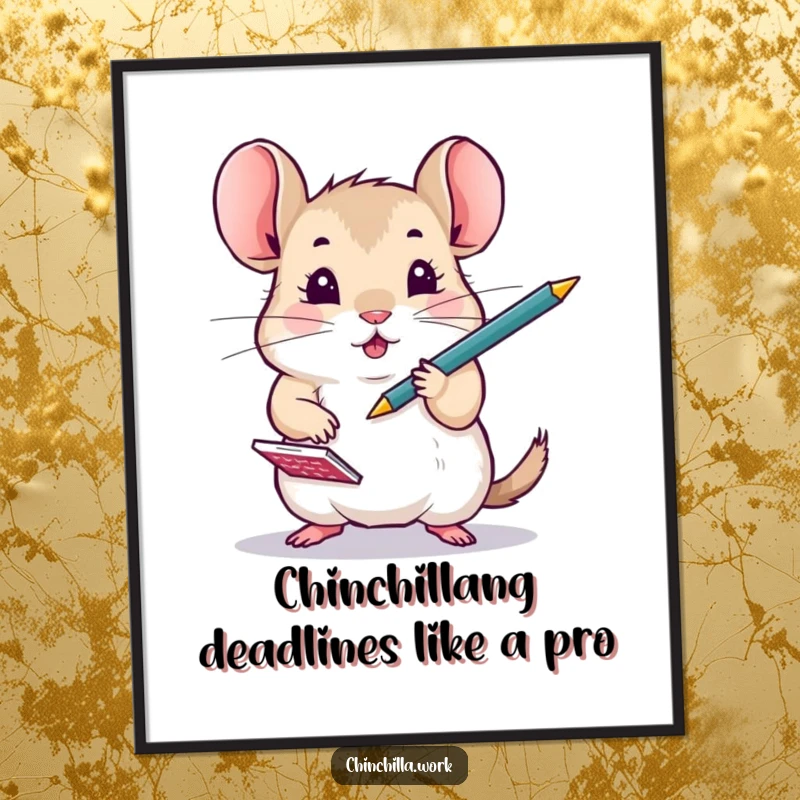 Funny Free Printable Wall Art of a chinchilla in motion, juggling a pen and a notepad with intense focus, representing busy productivity.