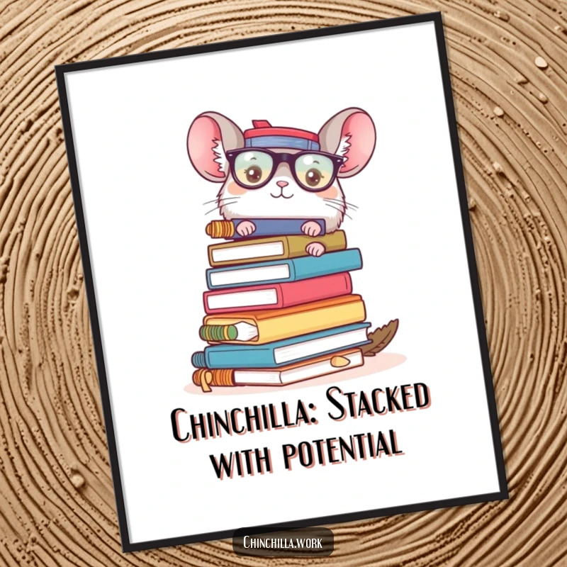 Funny Free Printable Wall Art: A chinchilla peeking out from a precarious pile of office supplies, a humorous scene.