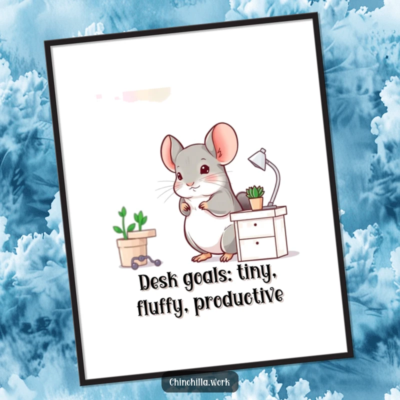 Free Printable Wall Art: A Chinchilla Doing a Joyful Little Hop at a Miniature Desk, Full of Energy