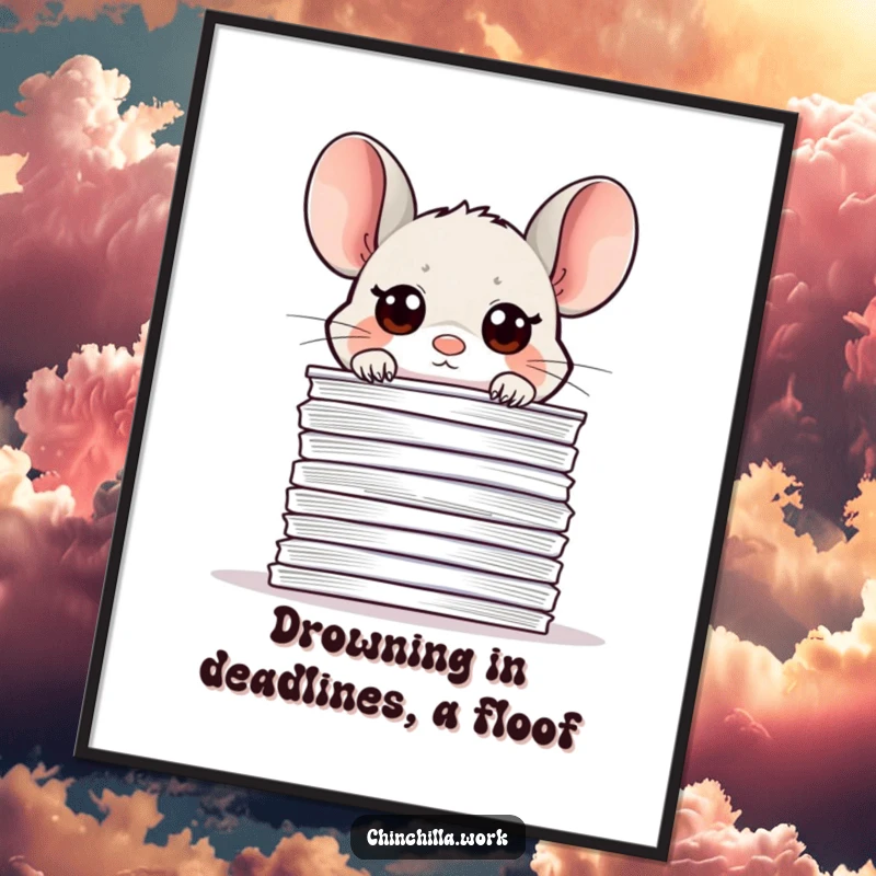 Funny Free Printable Wall Art: Kawaii office chinchilla peeking over a massive stack of papers, cute and relatable.