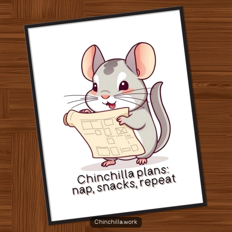 Free Printable Wall Art: Chinchilla Playfully Unfurling a Rolled Blueprint Document, Highlighting Creativity