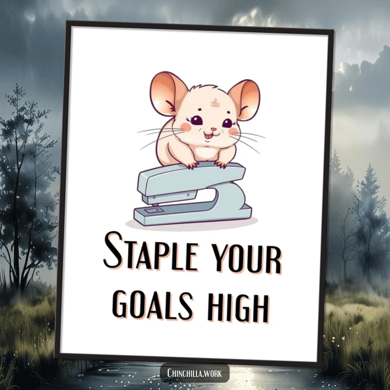 Funny Free Printable wall art of a chinchilla attempting to balance on top of a stapler, showcasing office absurdity.