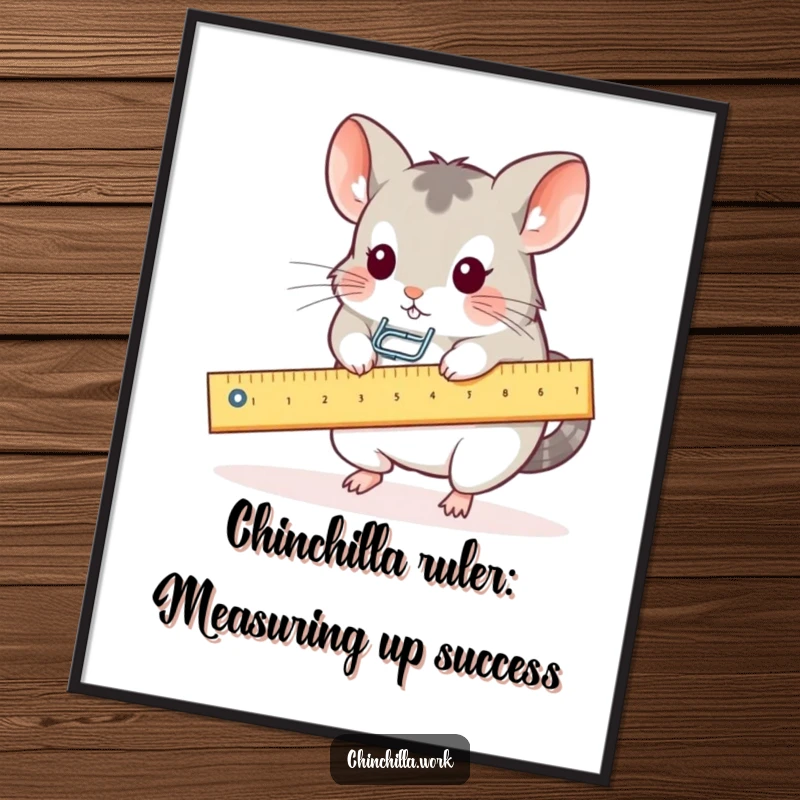 Funny free printable wall art: a kawaii office chinchilla uses a ruler as a tiny seesaw for a paperclip.