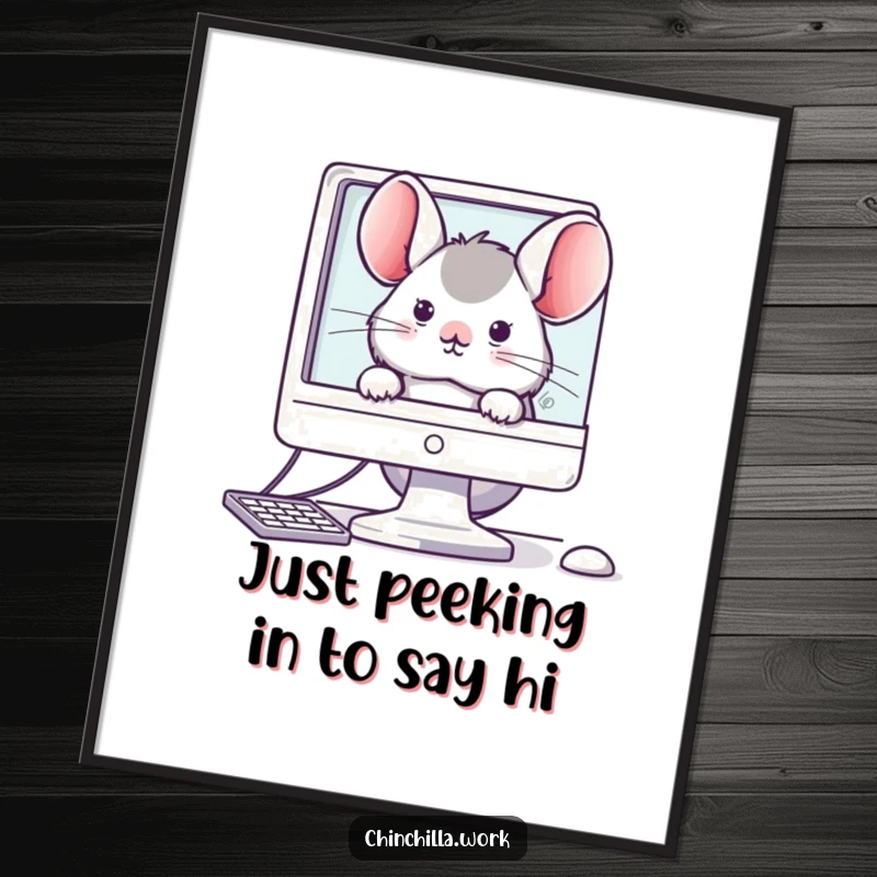 Funny Free Printable Wall Art: A kawaii office chinchilla peeks curiously from behind a computer monitor, adding a touch of whimsy.