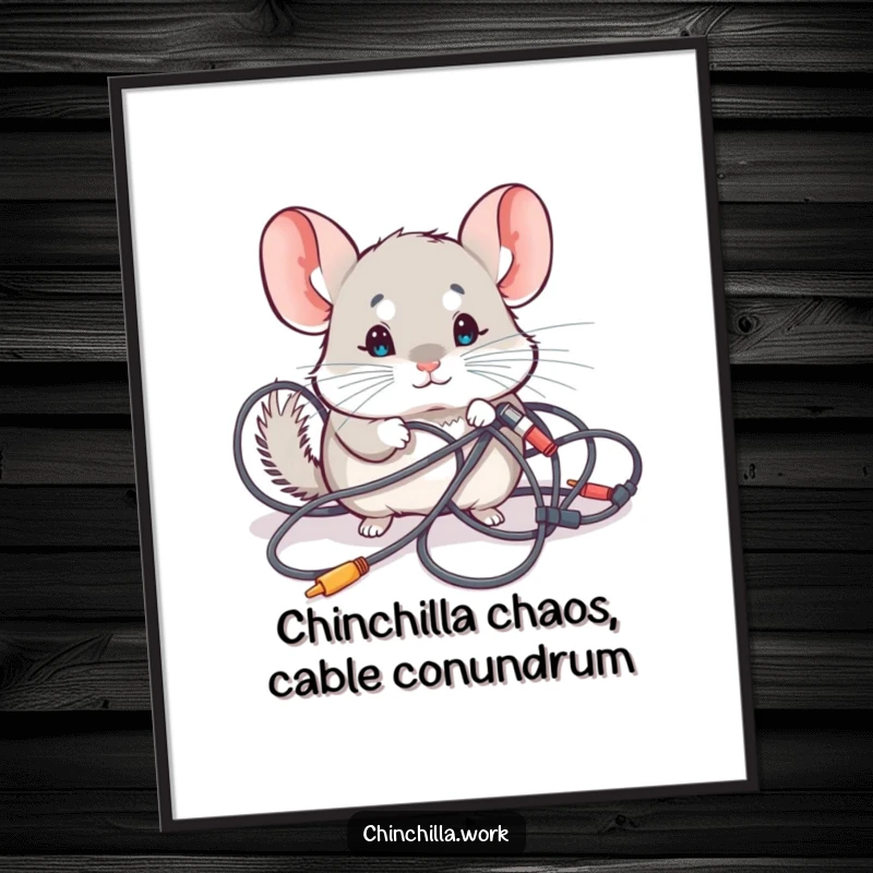 Funny Free Printable Wall Art depicting a cute kawaii chinchilla intently investigating a bewildering tangle of wires and cables.