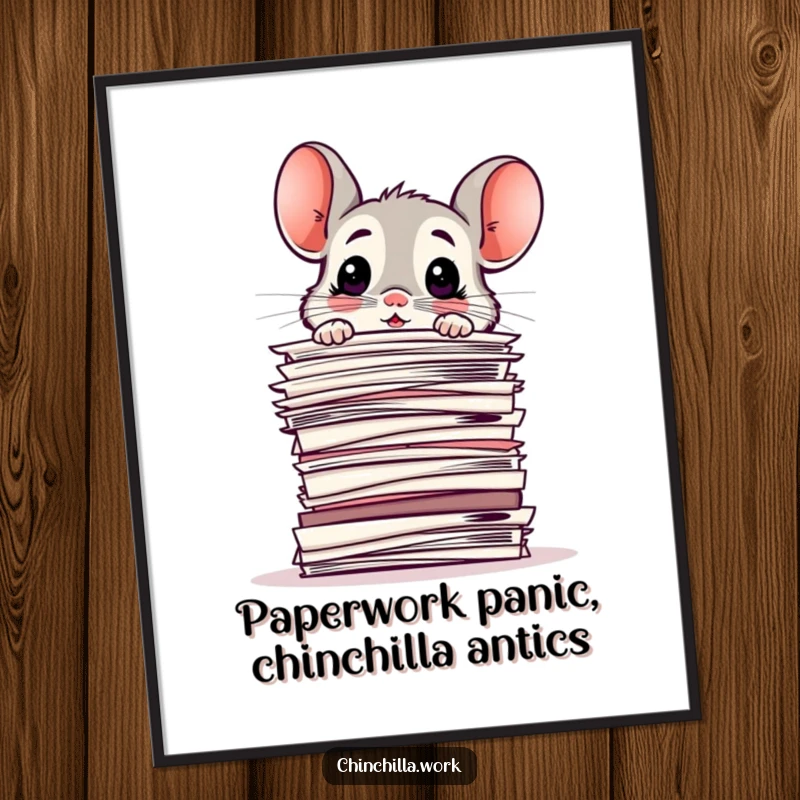 Funny Free Printable Wall Art: A surprised chinchilla looks baffled peeking over a ridiculously tall stack of office papers.