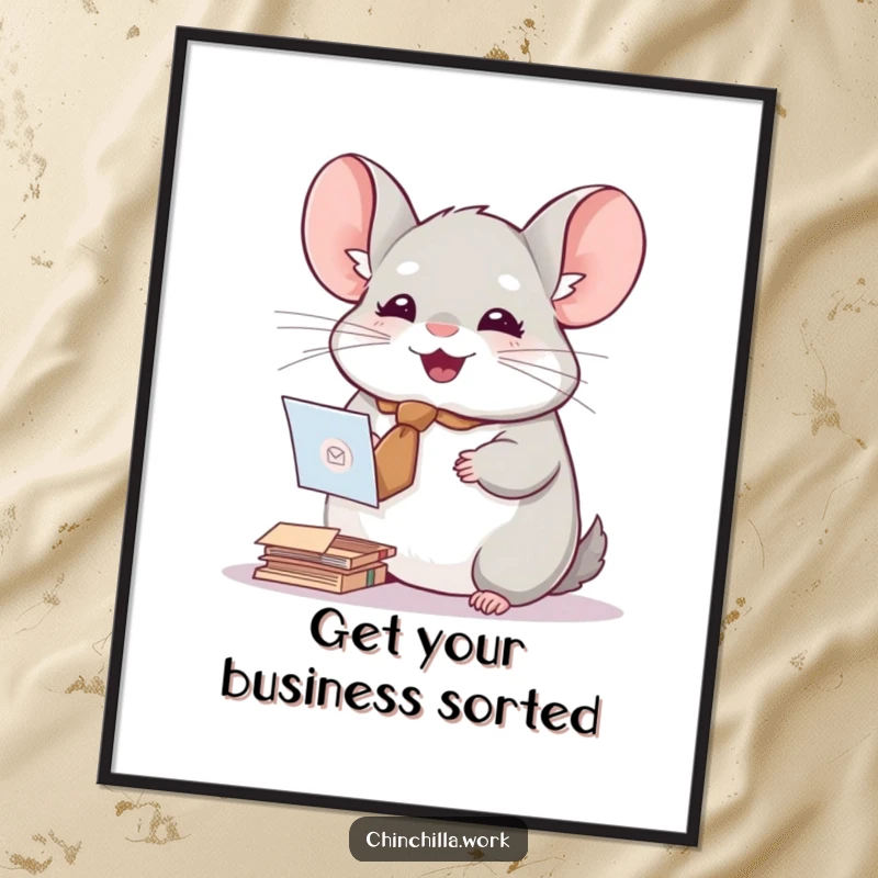 Funny Free Printable Wall Art: A chinchilla in a tiny tie joyfully sorting mail, bringing sophisticated downloadable art.