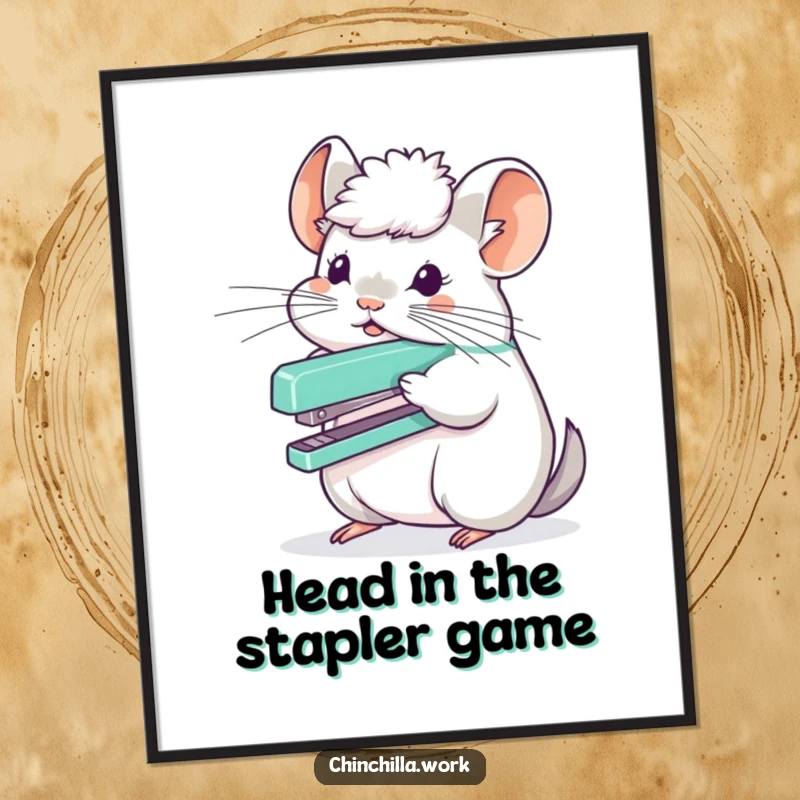 Funny Free Printable Wall Art: Chinchilla balancing a stapler on its fluffy head, quirky and humorous.