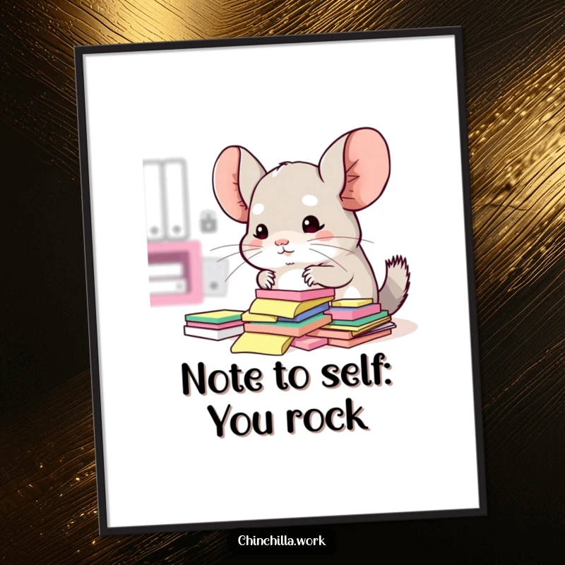 Funny Free Printable Wall Art: Kawaii chinchilla attempting to tame a pile of sticky notes, perfect for office decor.