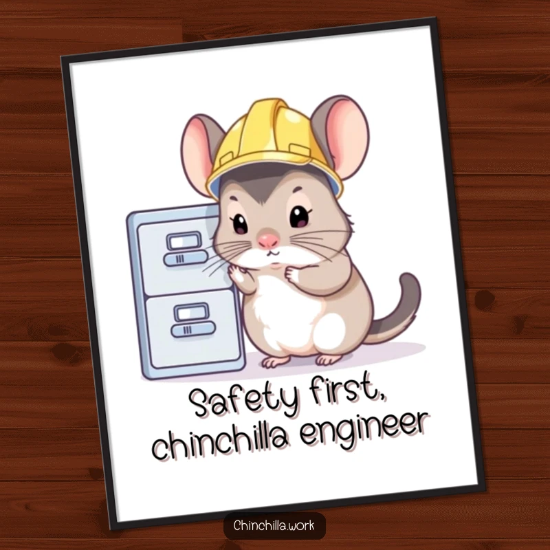 Funny Free Printable Wall Art: a chinchilla in a hard hat intently inspects a file cabinet, professional.