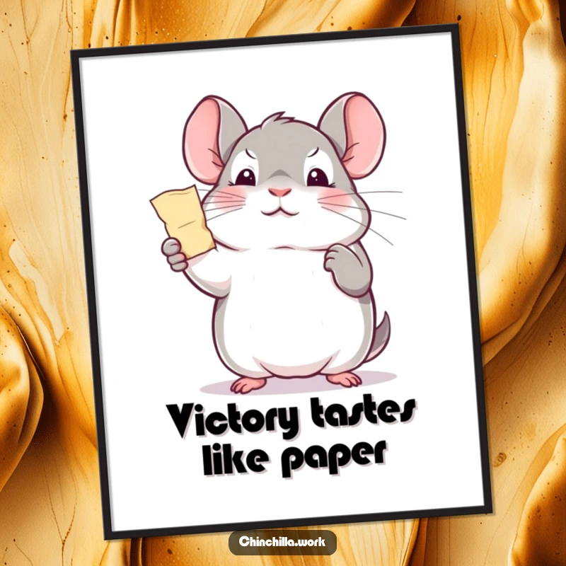 Funny Free Printable Wall Art: Kawaii office chinchilla triumphantly holding a tiny shred of paper, celebrating a win.