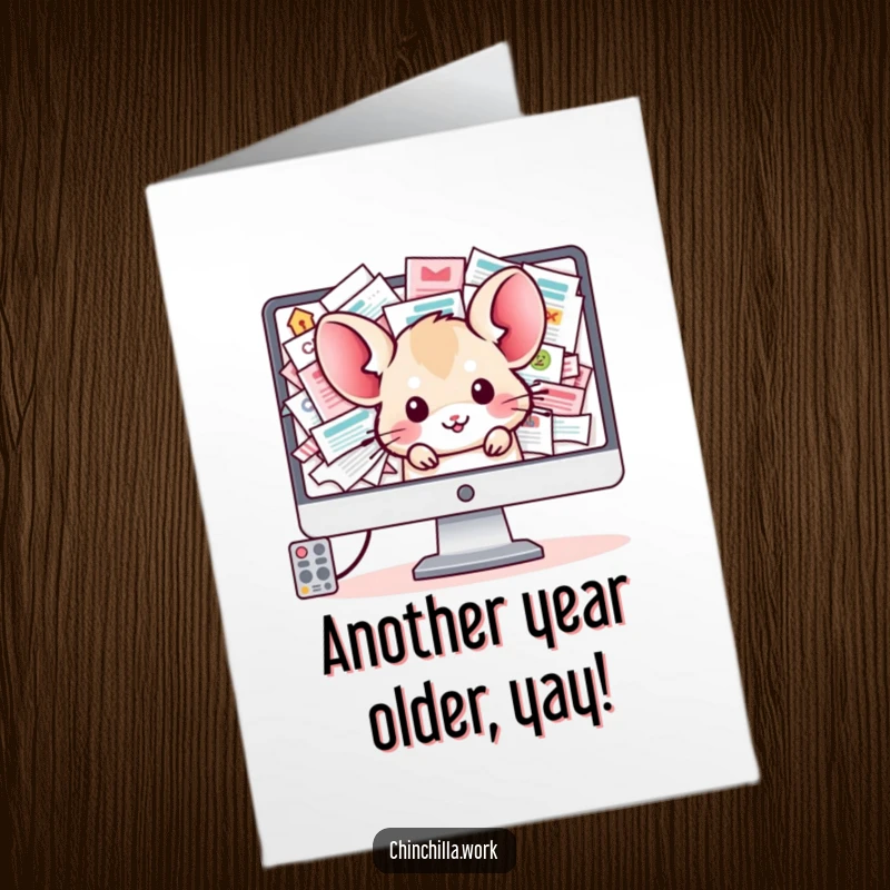 Funny Free Printable Birthday Card: A cute kawaii office chinchilla peeks anxiously from a computer screen buried in emails.