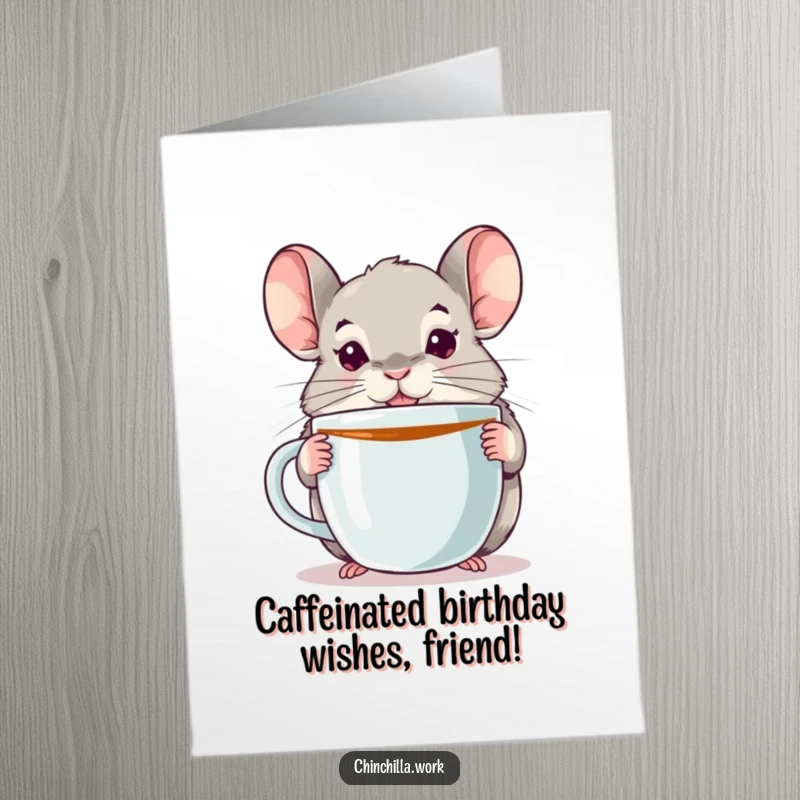 Funny Free Printable Birthday Card: Alert chinchilla with a giant coffee mug, ready for anything.