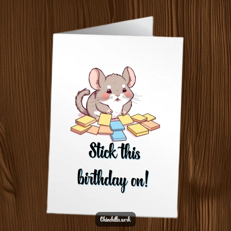 Funny Free Printable Birthday Card: a chinchilla comically attempts to organize a mess of sticky notes.