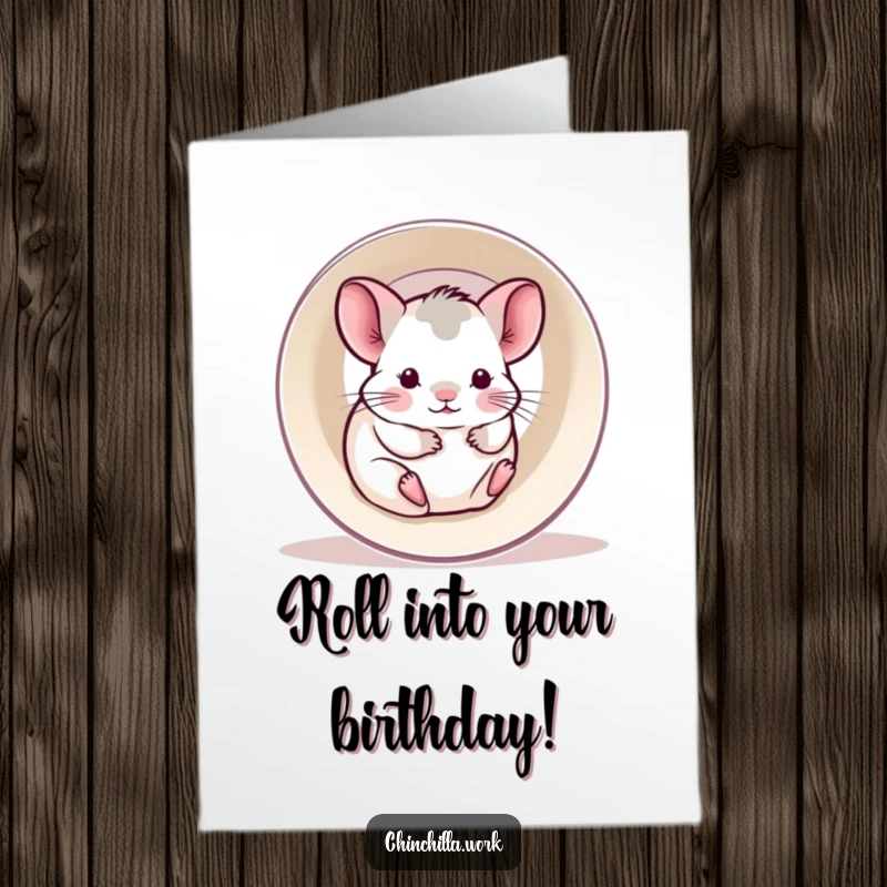Funny Free Printable Birthday Card: Kawaii chinchilla gleefully rolling inside a printer paper roll, pure joy.