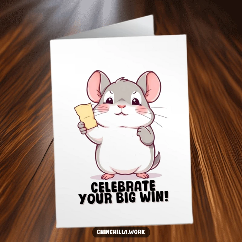Funny Free Printable Birthday Card: Kawaii office chinchilla triumphantly holding a tiny shred of paper, a small win.