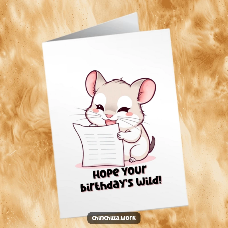 Funny Free Printable Birthday Card: A kawaii office chinchilla with a mischievous grin enthusiastically chews a blank report.