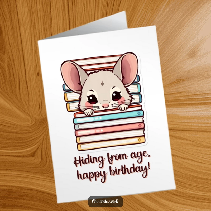 Funny Free Printable Birthday Card: A shy chinchilla character peeking out from behind a tall stack of manila folders.
