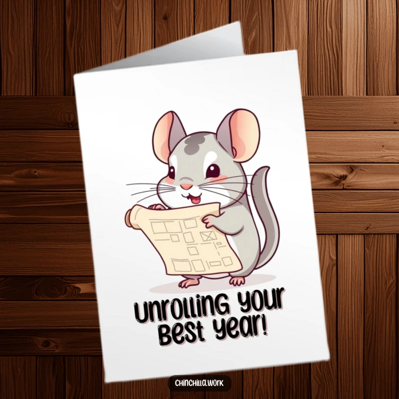 Funny Free Printable Birthday Card: Chinchilla Playfully Unfurling a Blueprint Document for a Surprise