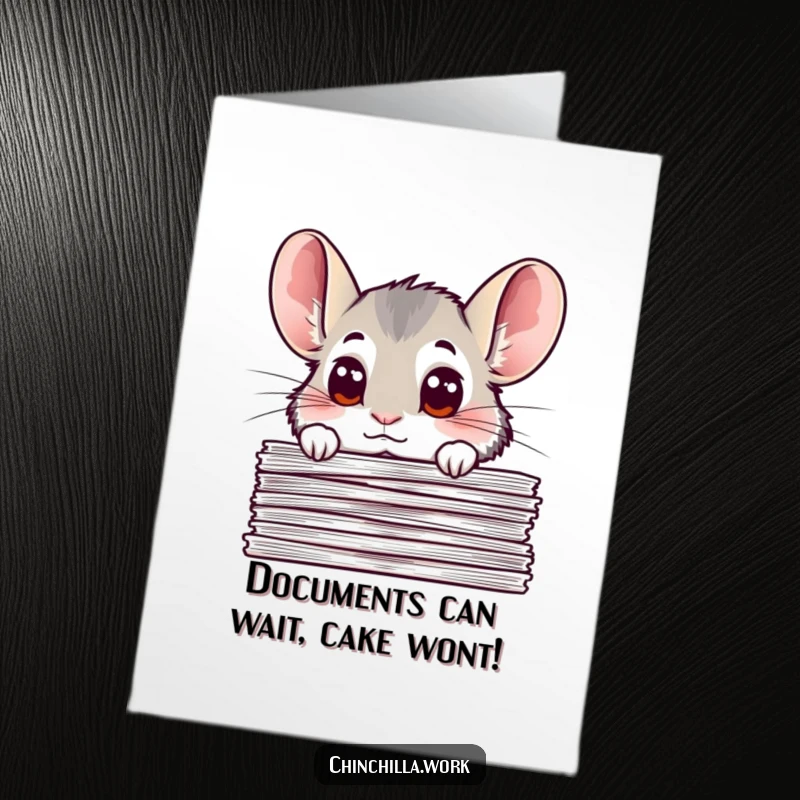 Funny Free Printable Birthday Card: Curious chinchilla with big eyes peeking over documents, ready to wish you a happy birthday.