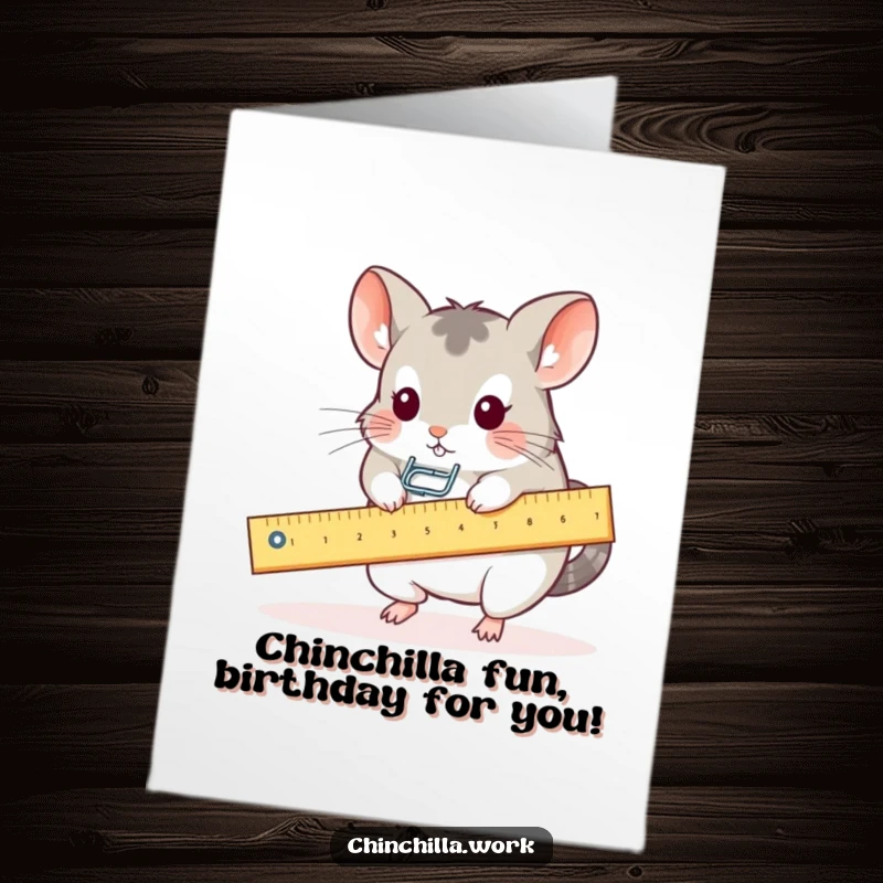 Funny free printable birthday card: a kawaii office chinchilla plays on a ruler seesaw with a paperclip.