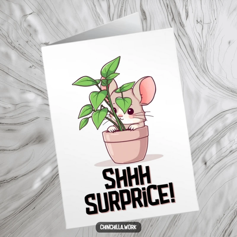 Funny Free Printable Birthday Card showing a cute chinchilla peeking mischievously from behind a lush office plant.