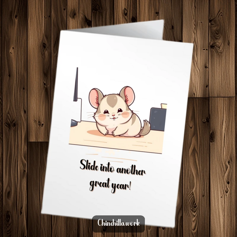 Funny Free Printable Birthday Card: A chinchilla comically sliding with abandon across a smooth desk surface.