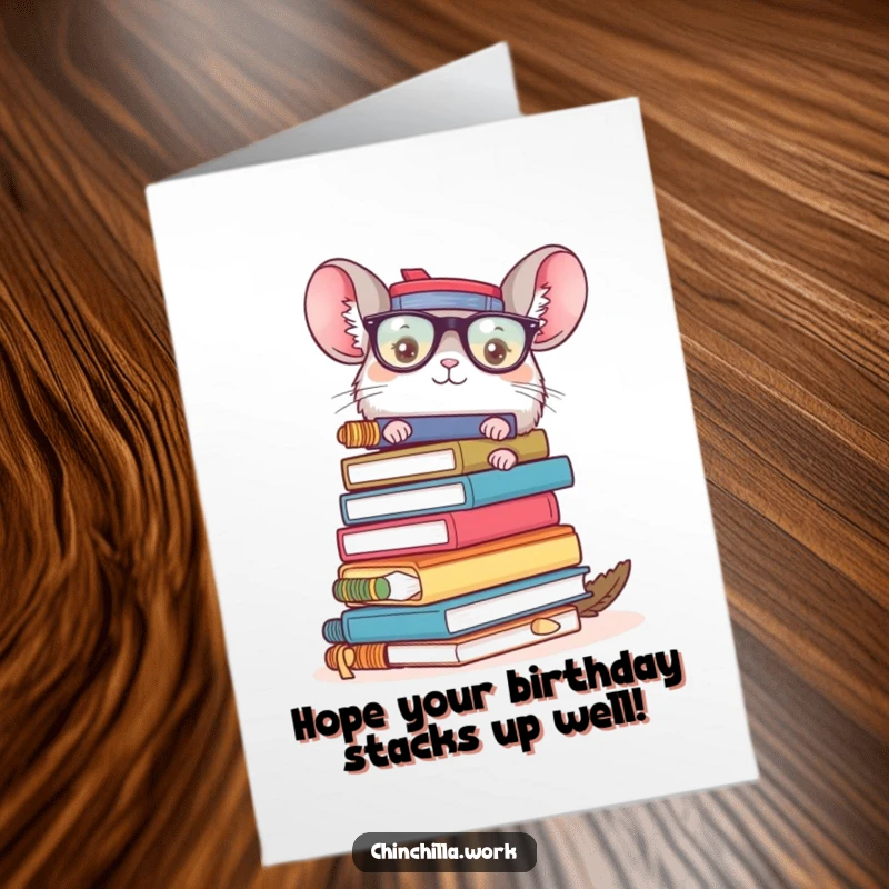 Funny Free Printable Birthday Card: A chinchilla is buried under a precarious stack of office supplies, looking overwhelmed.