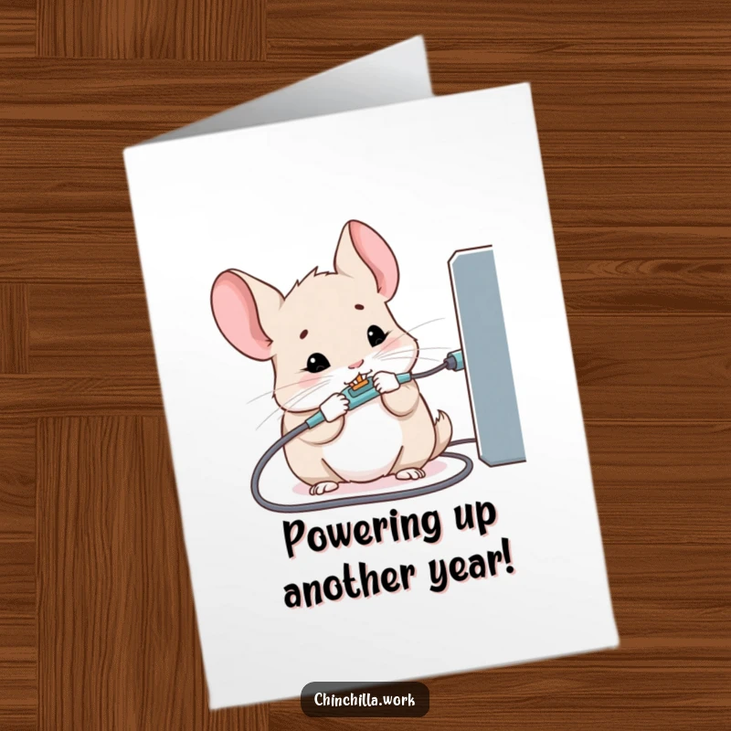 Funny Free Printable Birthday Card: Kawaii chinchilla determinedly chewing on a charging cable, perfect for tech humor lovers.