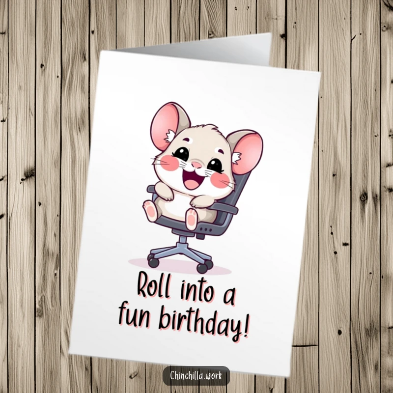 Funny Free Printable Birthday Card: A happy kawaii chinchilla slides gleefully down an office chair, spreading birthday cheer.