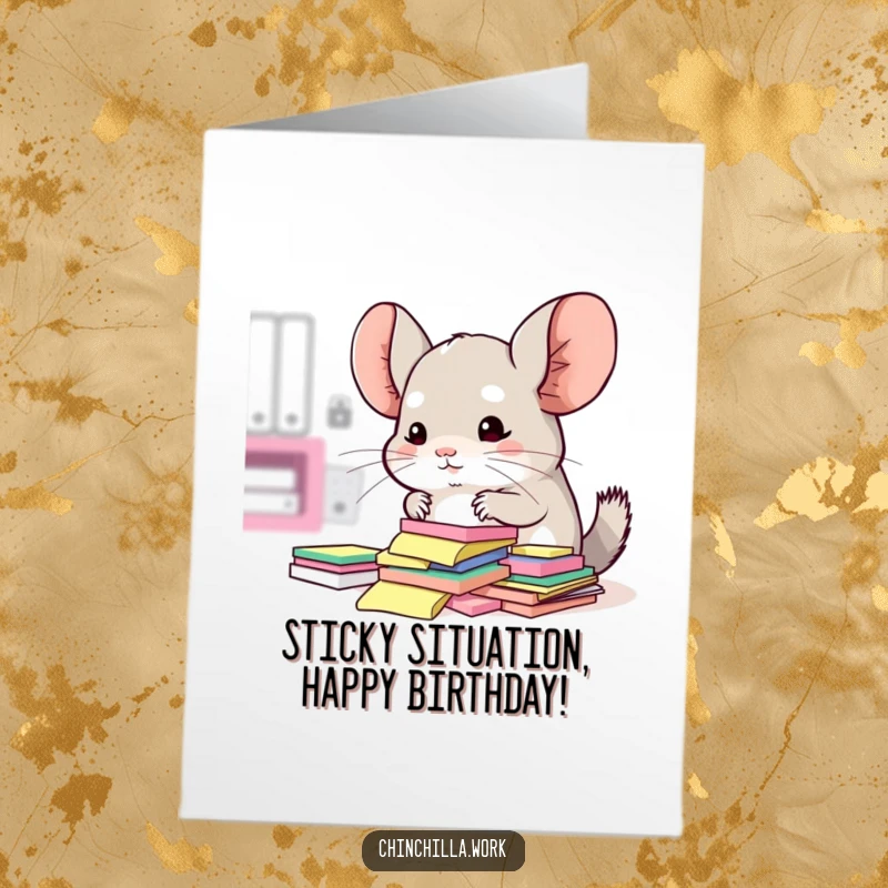 Funny Free Printable Birthday Card: Kawaii chinchilla attempting to organize a messy pile of sticky notes, office humor.