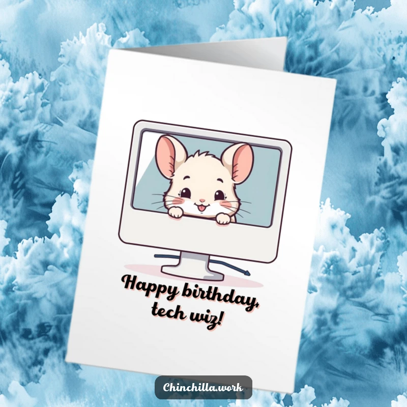 Funny Free Printable Birthday Card: A chinchilla peeking from behind a computer monitor with a smile, perfect for a techy DIY gift.