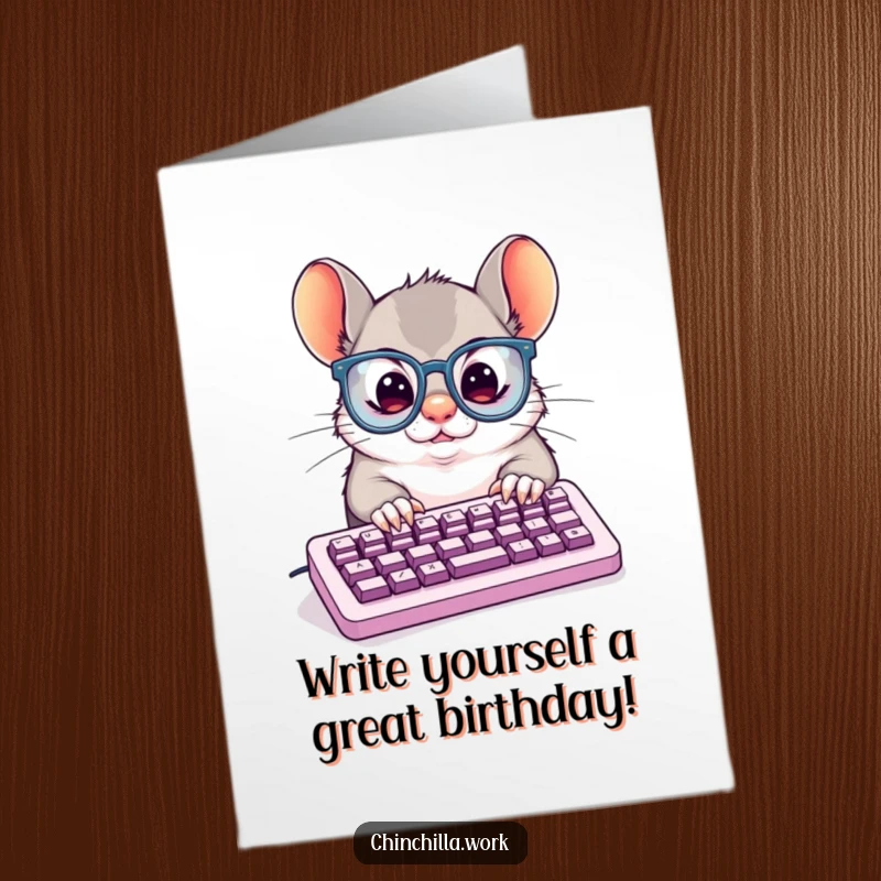 Funny Free Printable Birthday Card: Determined chinchilla in large glasses types manically on an oversized keyboard.