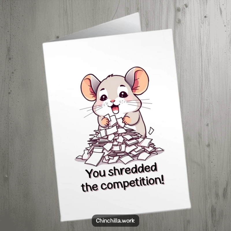 Free printable congratulations card: a chinchilla enthusiastically destroying documents, a funny symbol of breaking free.