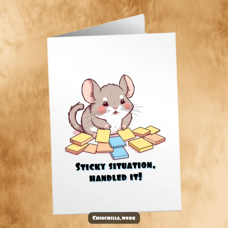 Funny Free Printable Congratulations Card: a chinchilla comically tries to organize scattered sticky notes, congrats.