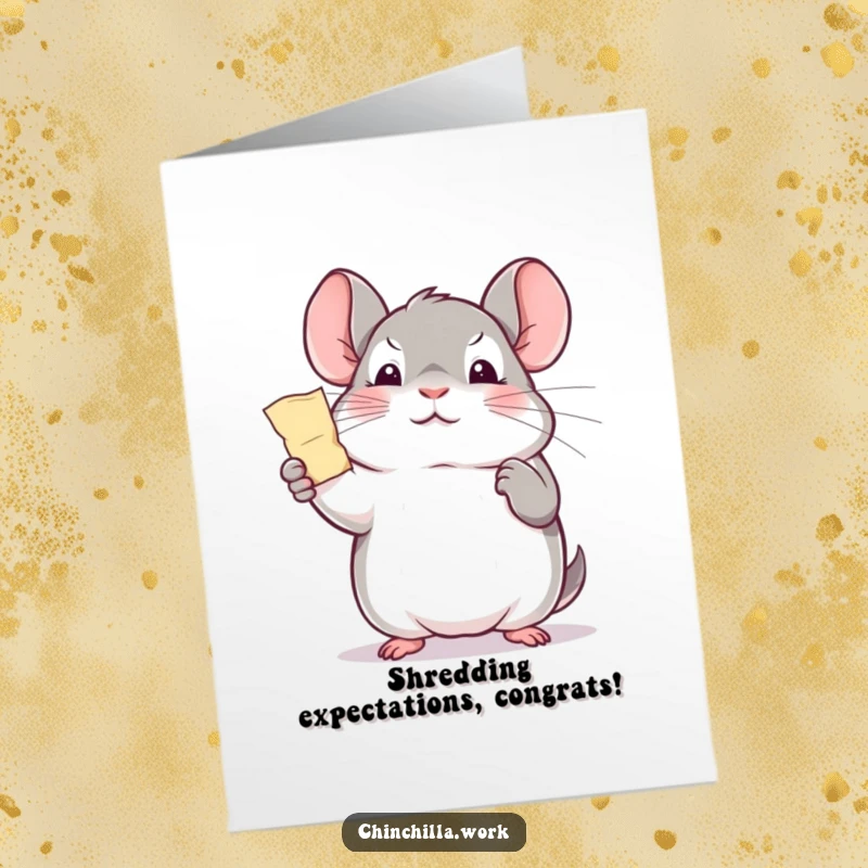 Funny Free Printable Congratulations Card: Kawaii office chinchilla holding a paper shred triumphantly, celebrating a minor victory.