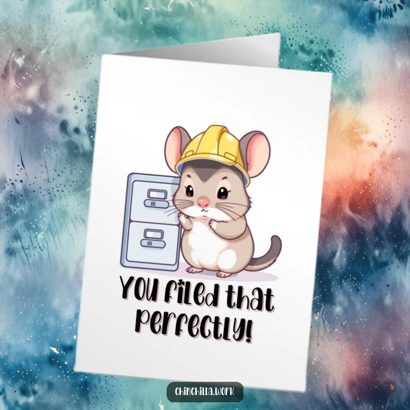 Funny Free Printable Congratulations Card: a chinchilla in a hard hat inspects a file cabinet, approves.