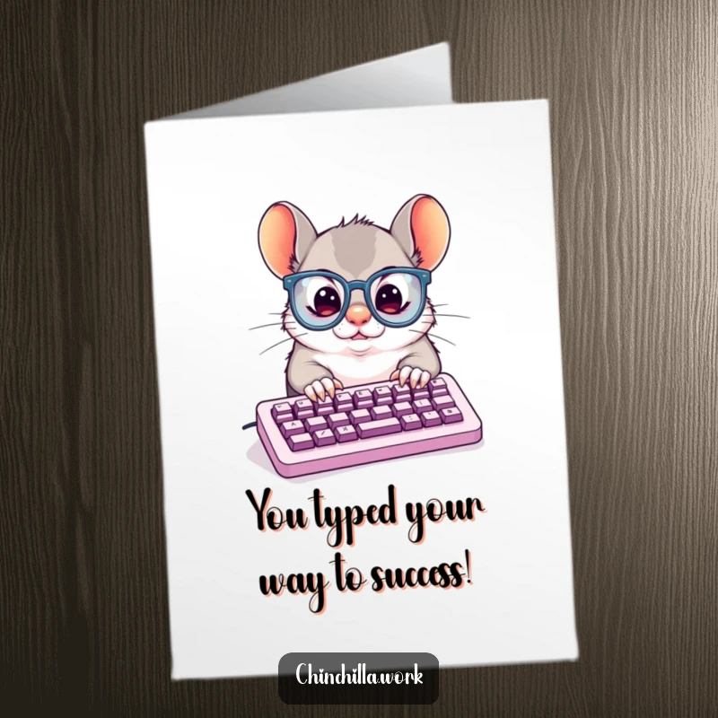Funny Free Printable Congratulations Card: A determined chinchilla types intensely on a keyboard, wearing large glasses.