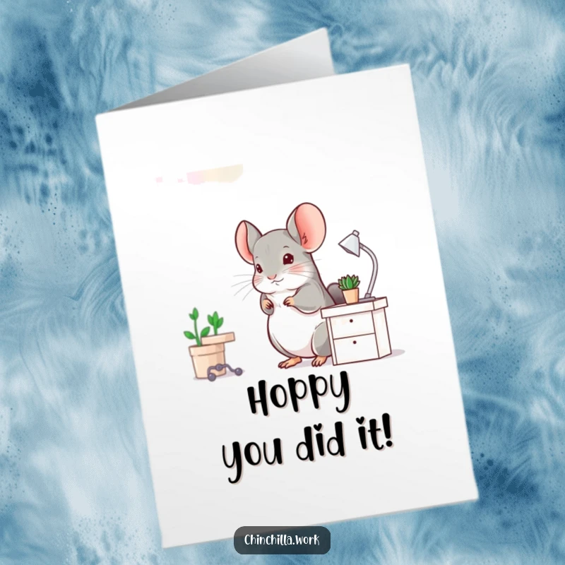 Free Printable Congratulations Card: A Chinchilla Joyfully Hopping at a Miniature Desk
