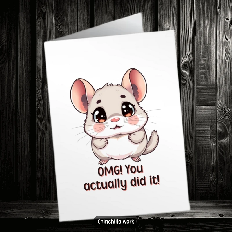 Free printable congratulations card with a chinchilla wide-eyed and surprised by a memo, perfect for celebrating big news.