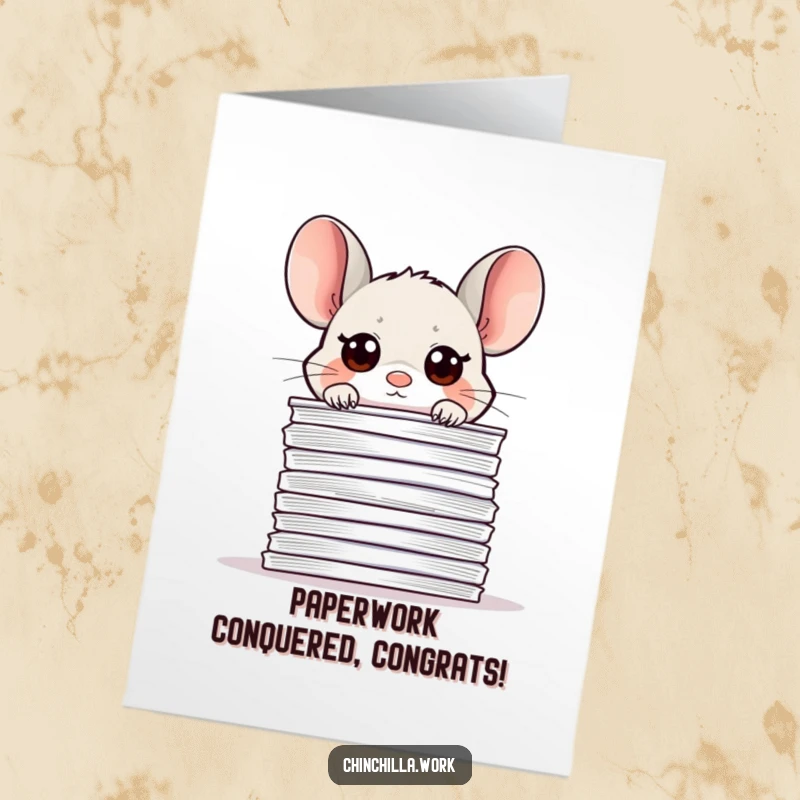 Funny Free Printable Congratulations Card: Kawaii office chinchilla peeking over paper stack, celebrating survival.