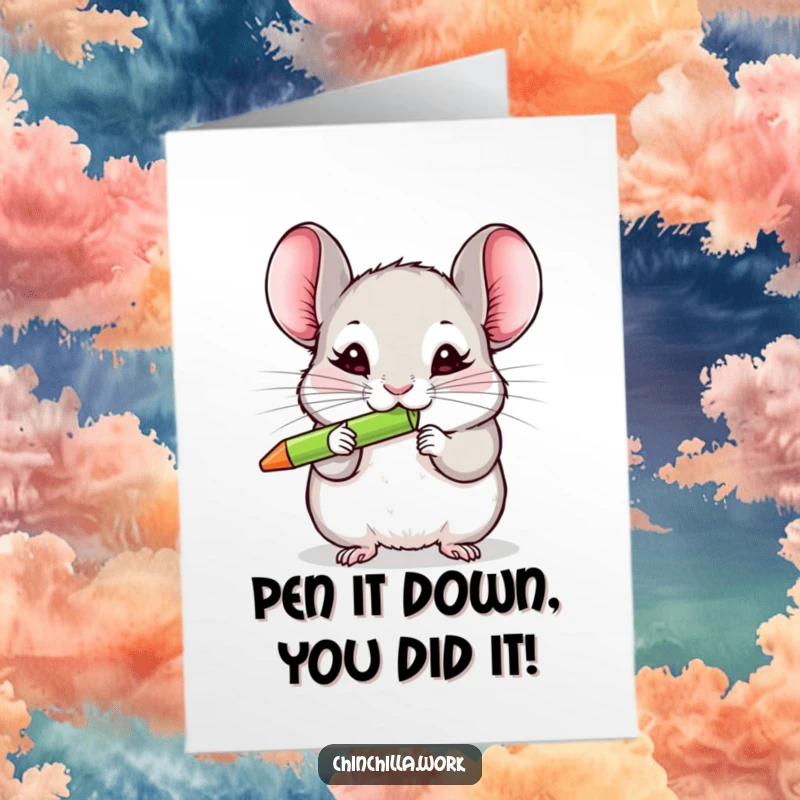 Funny Free Printable Congratulations Card with a chinchilla enthusiastically chewing a pen, celebrating success.