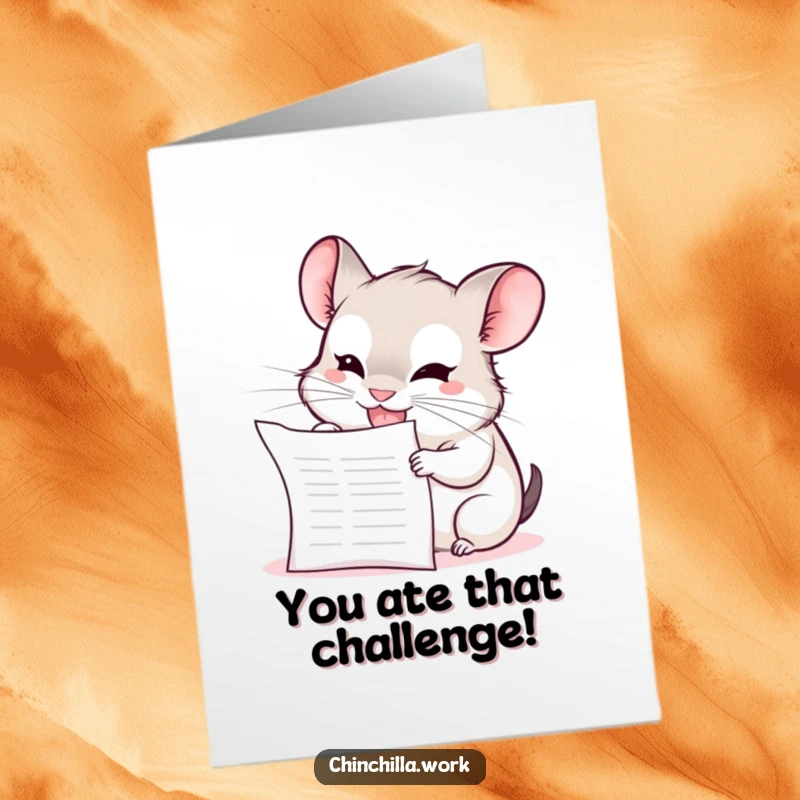 Funny Free Printable Congratulations Card: A kawaii office chinchilla grins mischievously while chewing a blank report.