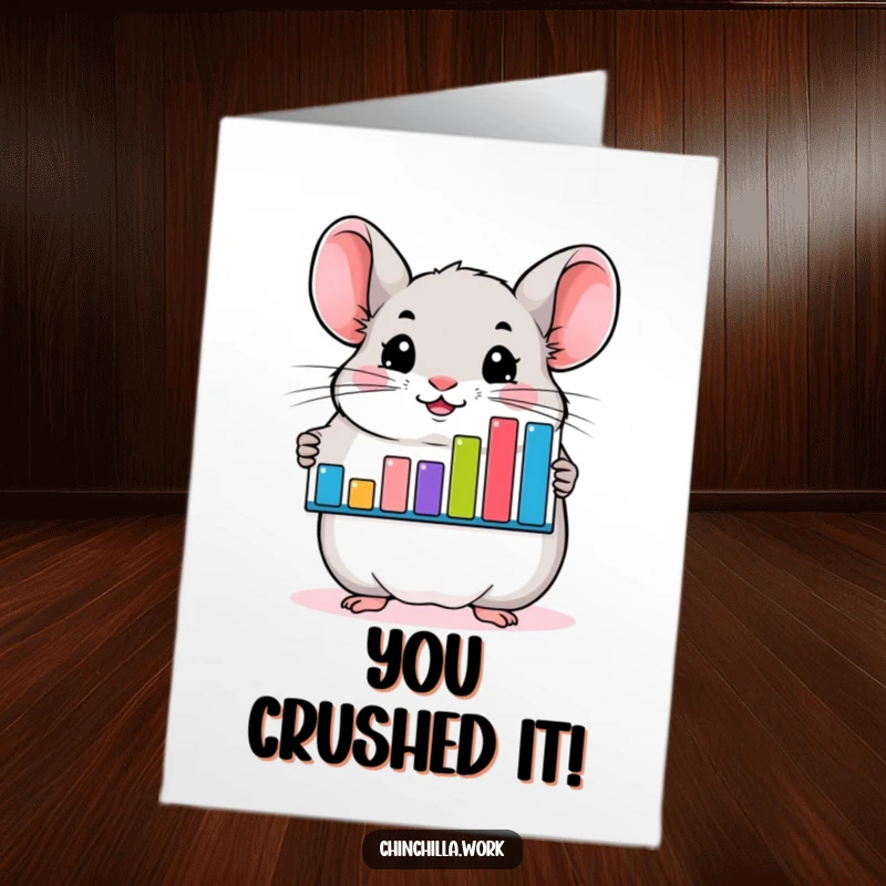 Funny Free Printable Congratulations Card showing a chinchilla proudly displaying a bar graph of achievements.