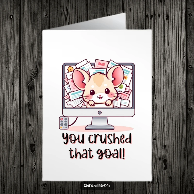 Funny Free Printable Congratulations Card showing a kawaii office chinchilla peeking from a computer screen overloaded with emails.