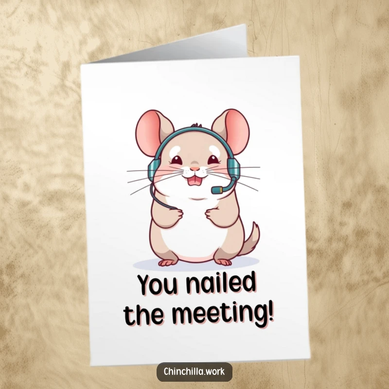 Funny Free Printable Congratulations Card: A chinchilla wearing a headset leads a virtual meeting with gusto, celebrating achievements.