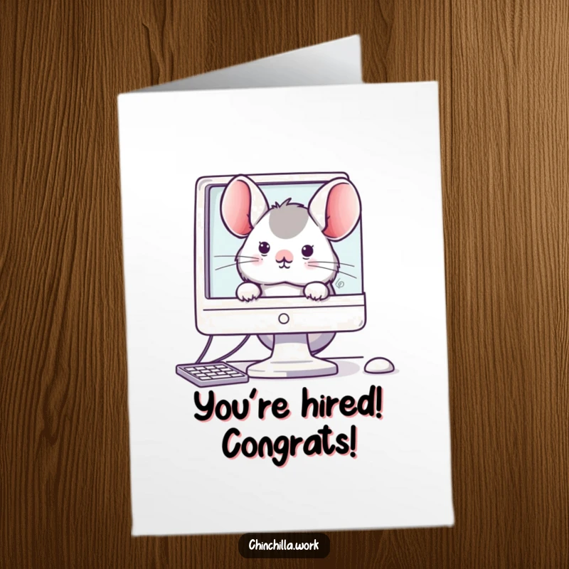 Funny Free Printable Congratulations Card: A kawaii chinchilla peeks out from behind a computer monitor, sharing in the excitement.