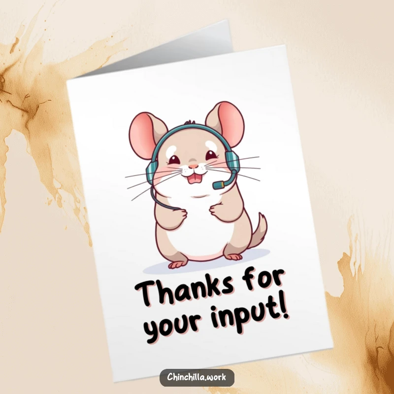 Funny Free Printable Thank You Card: A chinchilla in a headset enthusiastically directs a virtual meeting, conveying thanks humorously.