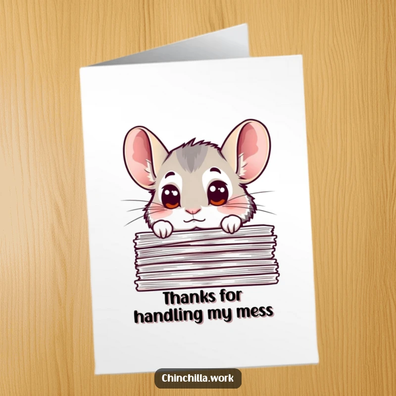 Funny Free Printable Thank You Card: A curious chinchilla with big eyes peeks from behind documents, conveying heartfelt thanks.